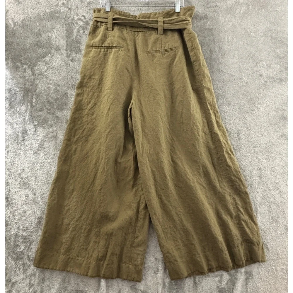 Zara Linen Wide Leg Crop Pant Woman XL Olive Green Paperbag Waist Belted